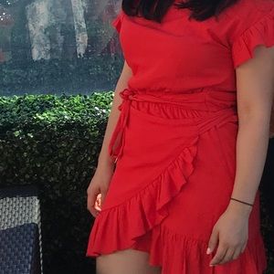 Wrap ruffle scarlet dress